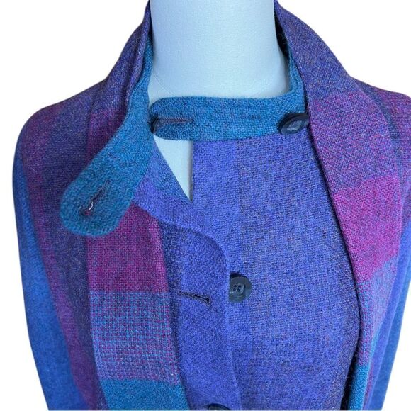 Vintage Avoca Collection Blue Purple Striped 100% Irish Wool Cape Coat Medium - Picture 5 of 11